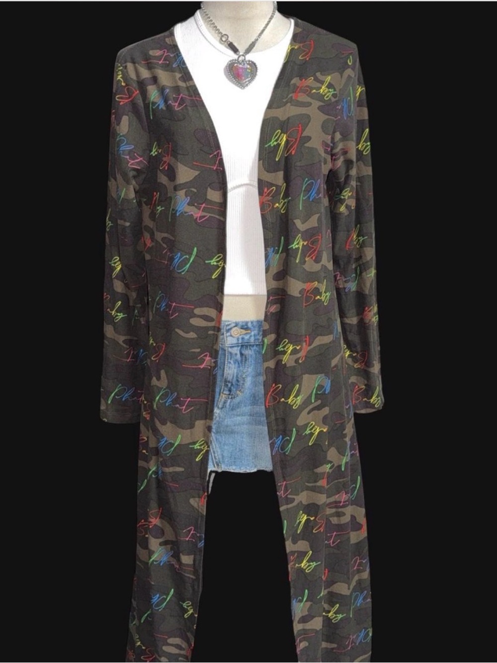 Baby Phat Camo Trench Coat with Multicolor Script
